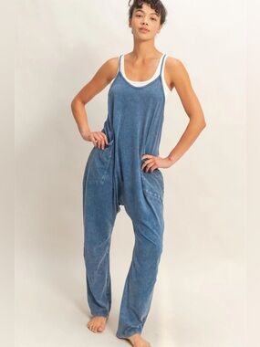 NEW Double Zero Navy Blue Mineral Wash Spaghetti Strap Jumpsuit Size Medium